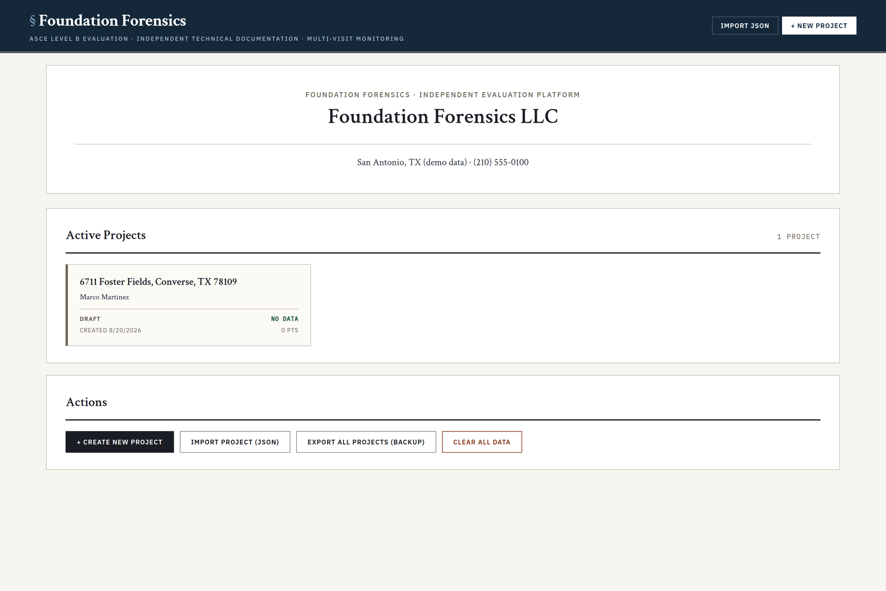 Project dashboard listing properties with address, client, severity and point count.
