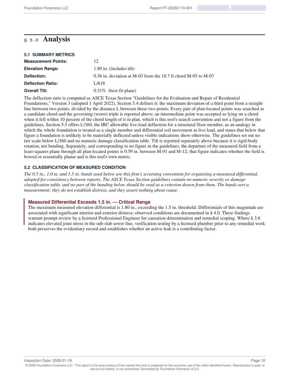 Analysis page showing summary metrics, the deflection ratio definition and the classification of measured condition.