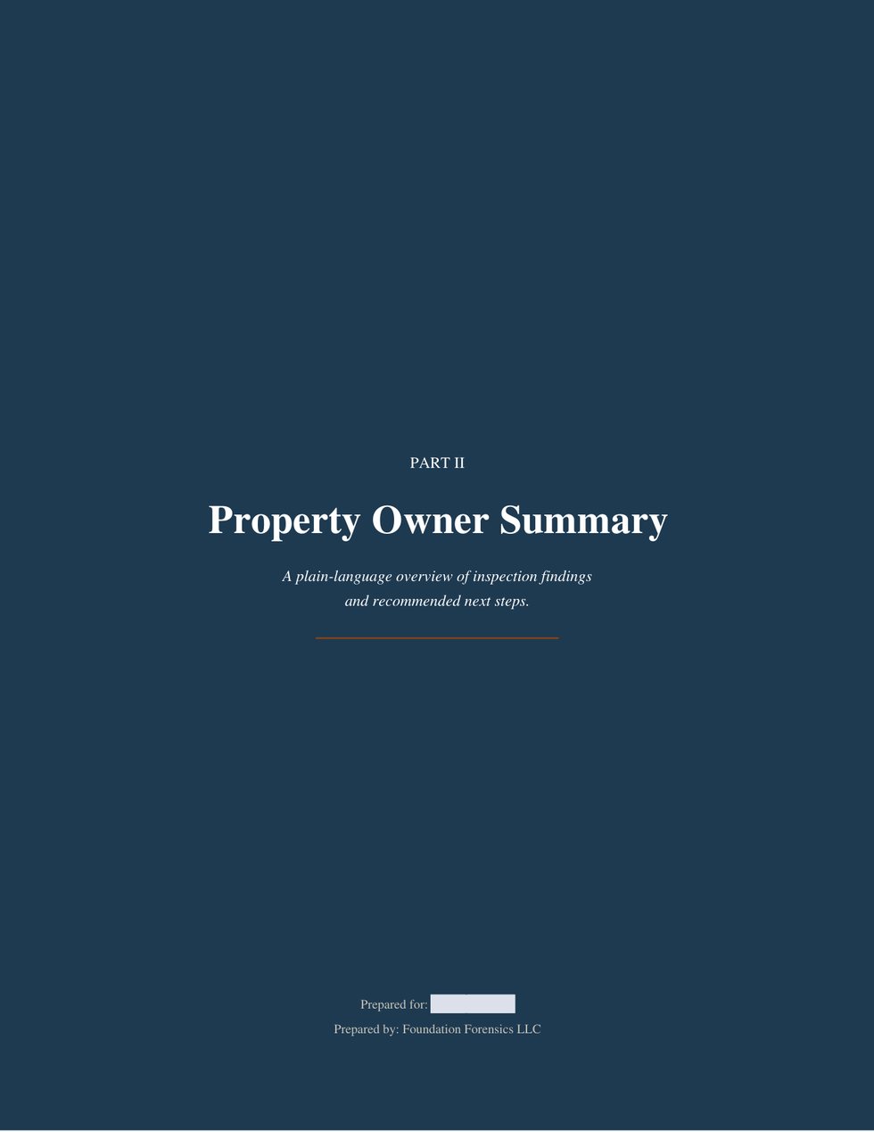 Property owner summary page with foundation status, at-a-glance metrics and a plain-language bottom line.