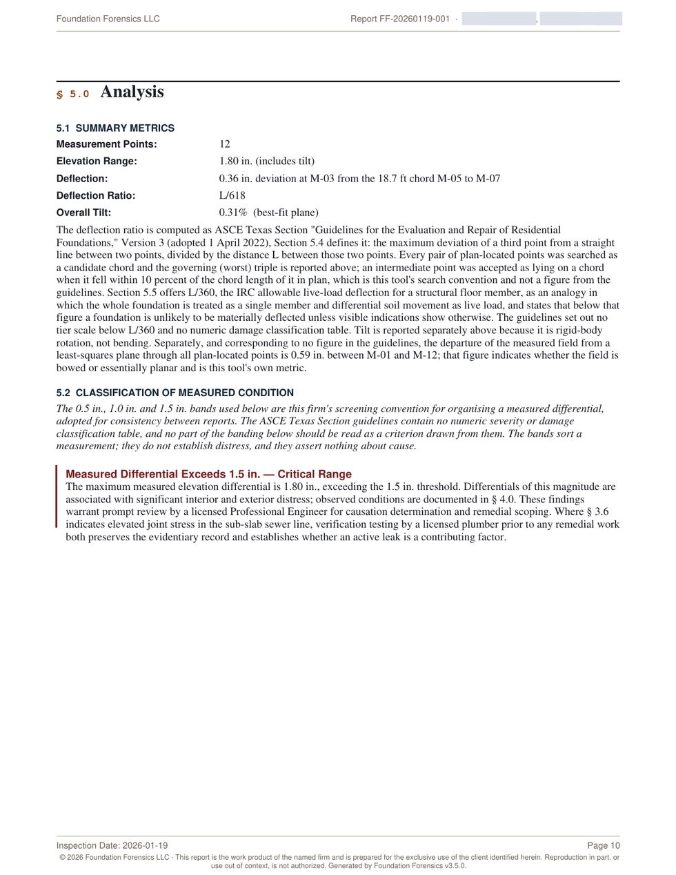 Section 5.0 Analysis: summary metrics for measurement points, elevation range, deflection, deflection ratio and overall tilt, followed by the classification of measured condition and the explanation of the banding convention.