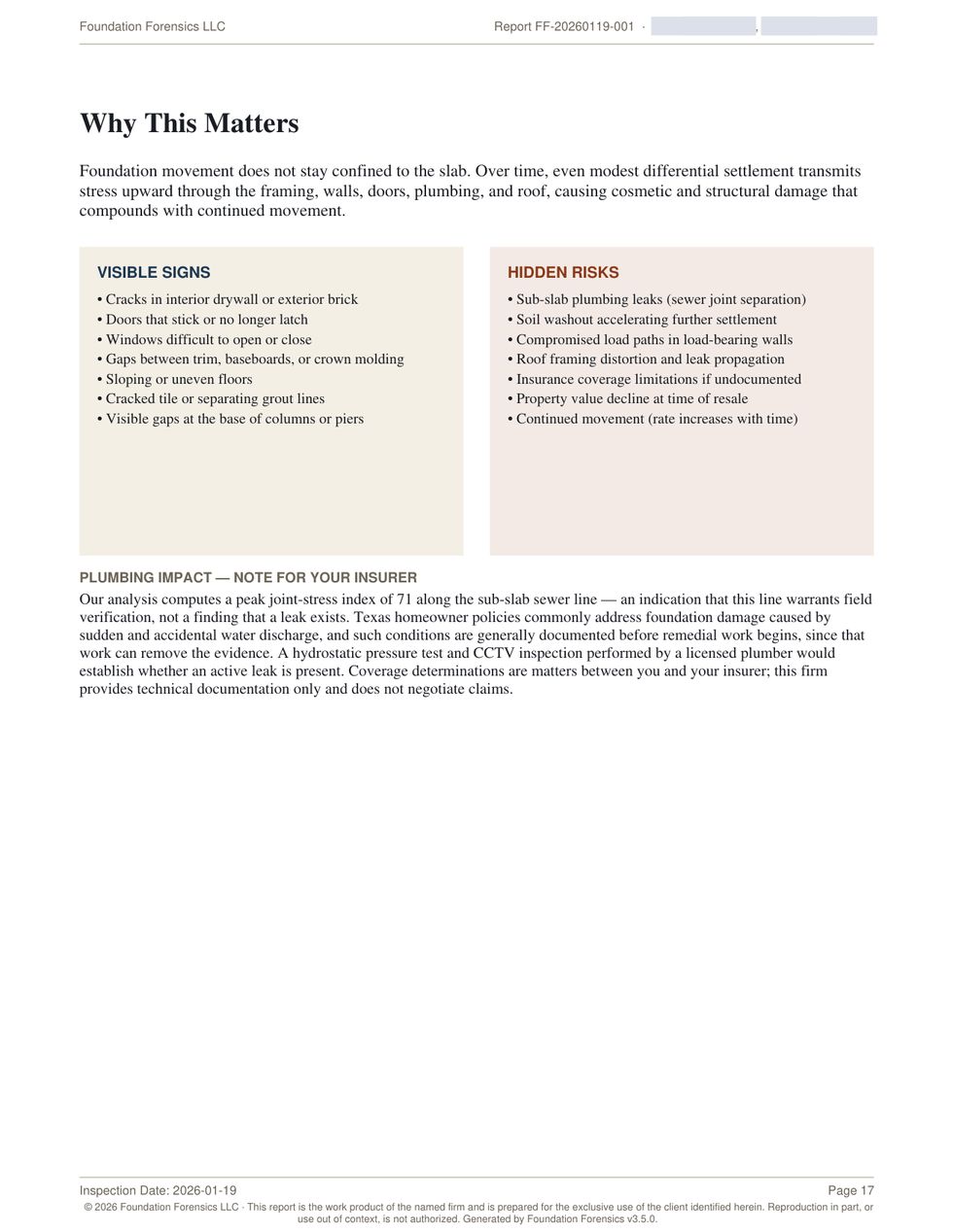 Why This Matters page listing visible signs and hidden risks, with a note for the insurer.